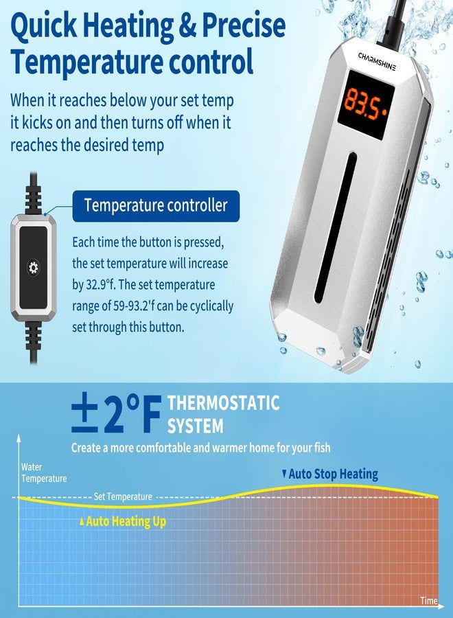 سخان مياه حوض السمك تشارم شاين 200 واط، سخان مياه غاطس لأحواض الأسماك مع شاشة عرض رقمية LED، مناسب لأحواض أسماك المياه العذبة والمالحة سعة 40-55 جالون، وأحواض السلاحف. - Image 5